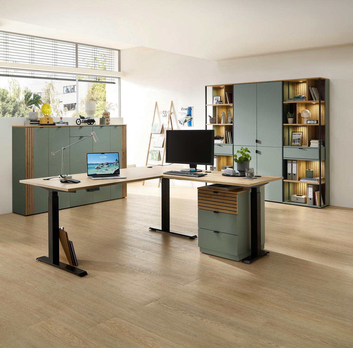 SCHREIBTISCH 150/77/73 cm Schwarz, Eiche Artisan, Schilfgrün  - Schilfgrün/Schwarz, KONVENTIONELL, Holzwerkstoff/Metall (150/77/73cm) - Voleo