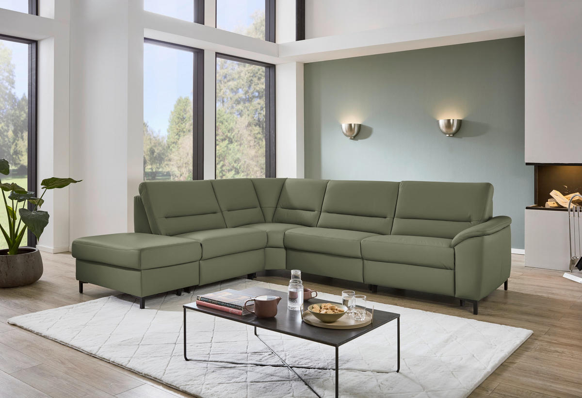 ECKSOFA Echtleder Olivgrün  - Schwarz/Olivgrün, Konventionell, Leder/Metall (249/290cm) - Beldomo Premium