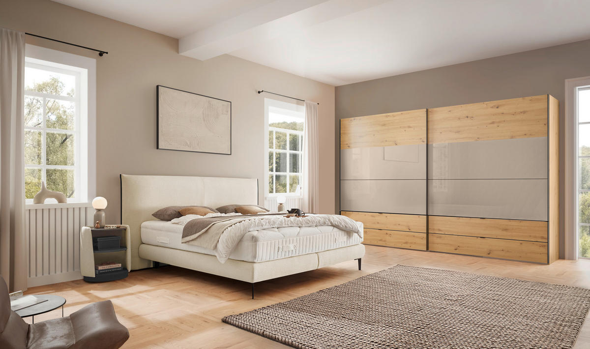 BOXSPRINGBETT 180/200 cm,  in Creme, Matratze, gepolstertes Kopfteil, H2 + H3 = mittel + fest  - Creme/Schwarz, Design, Textil/Metall (180/200cm) - Dieter Knoll