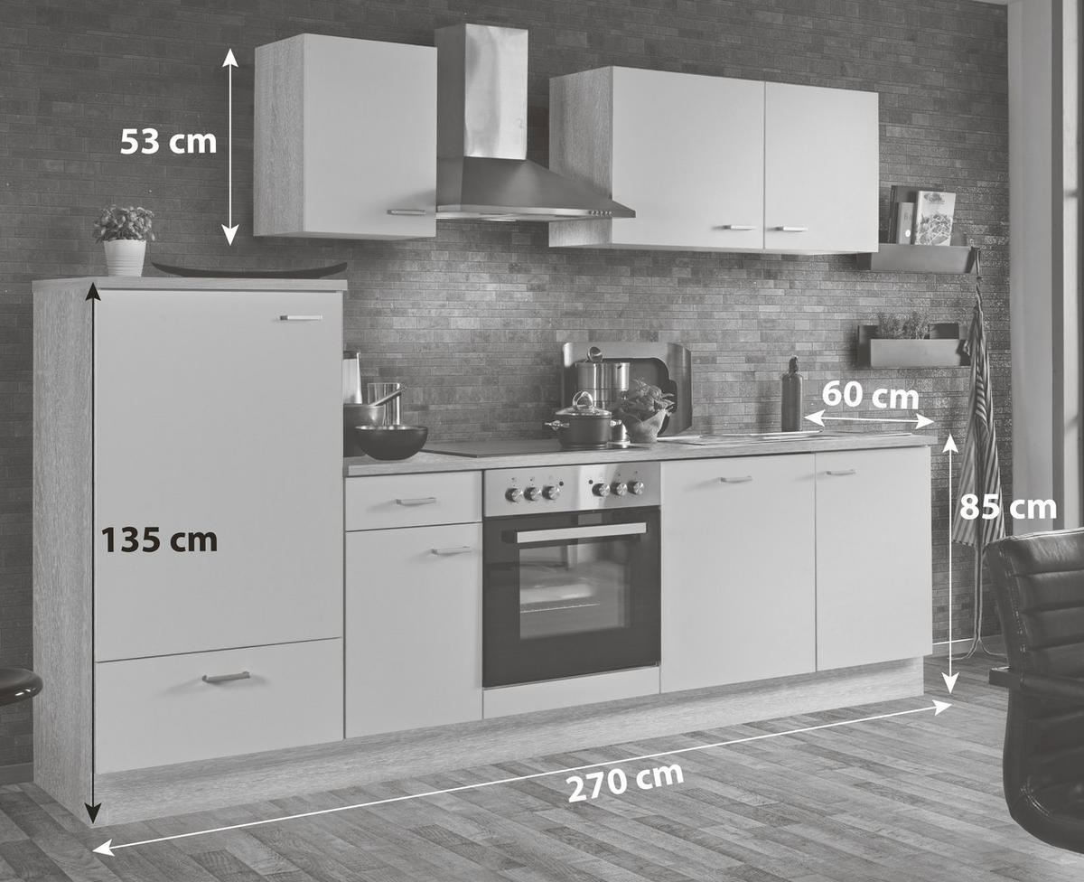 KÜCHENBLOCK 270 cm   in Weiß, Sonoma Eiche  - Silberfarben/Weiß, KONVENTIONELL, Holzwerkstoff/Kunststoff (270cm) - Menke