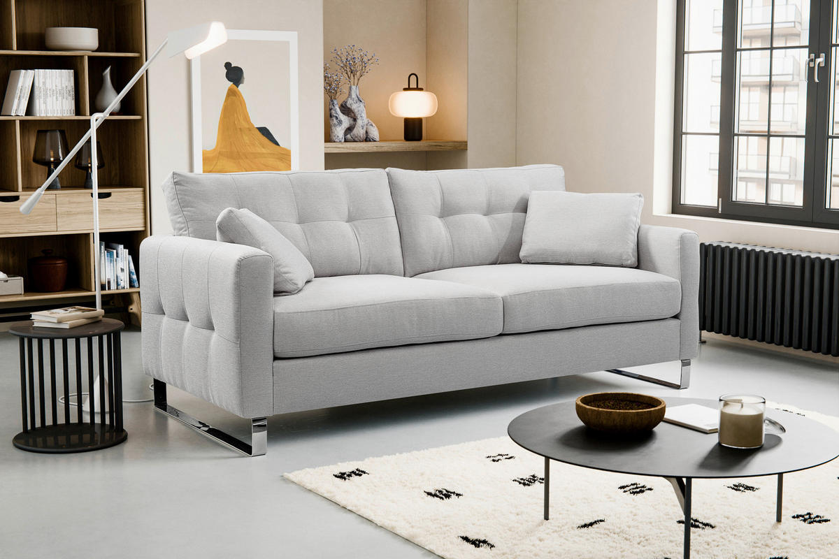 2,5-SITZER HERA Flachgewebe Hellgrau  - Chromfarben/Hellgrau, Basics, Textil/Metall (203/92/94cm) - MID.YOU