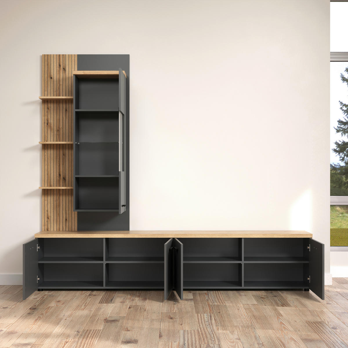 WOHNWAND 3-teilig  in Anthrazit, Eichefarben  240/212/40 cm  - Eichefarben/Anthrazit, Design, Glas/Holzwerkstoff (240/212/40cm) - MID.YOU