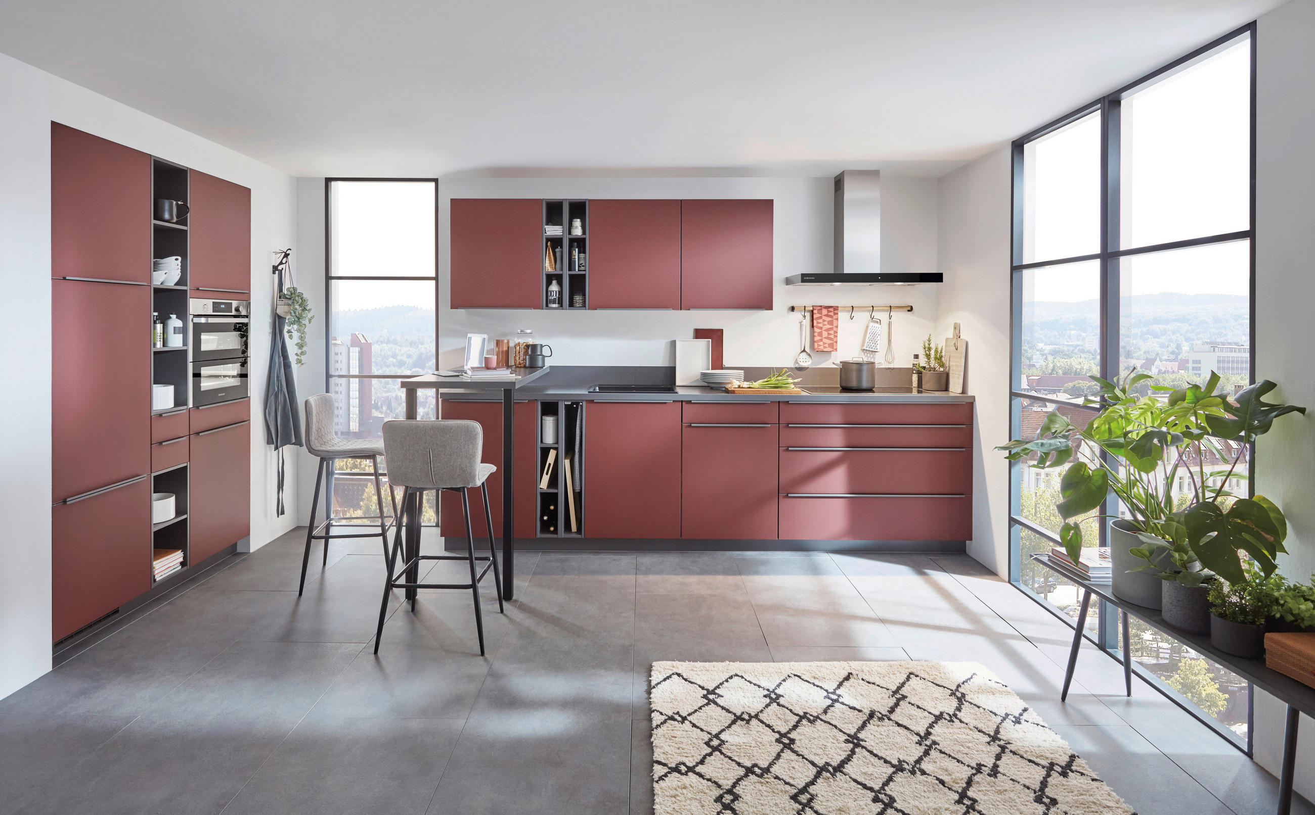 EINBAUKÜCHE   - Rot, Design, Holzwerkstoff - Celina