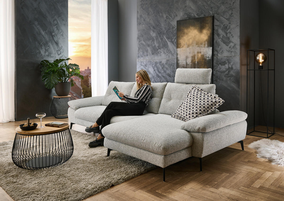 ECKSOFA Hellgrau Flachgewebe  - Hellgrau/Schwarz, Design, Textil/Metall (303/168cm) - Valdera