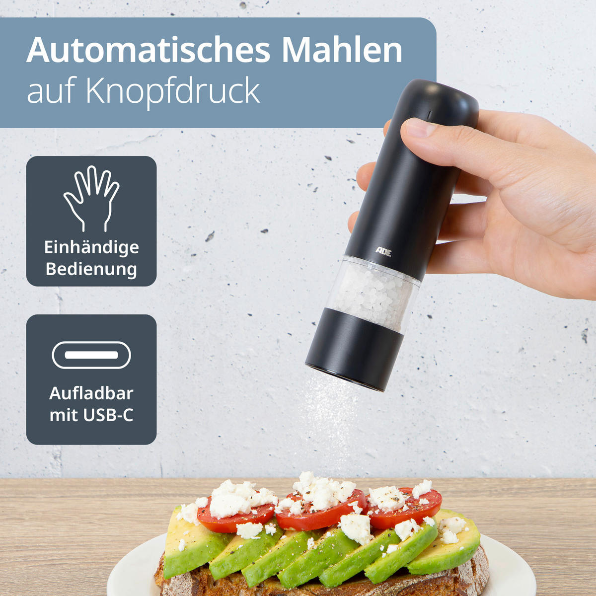 ELEKTR. SALZ-/PFEFFERMÜHLE  - Anthrazit, Basics, Kunststoff/Metall (3,8/3,8/14cm) - ADE