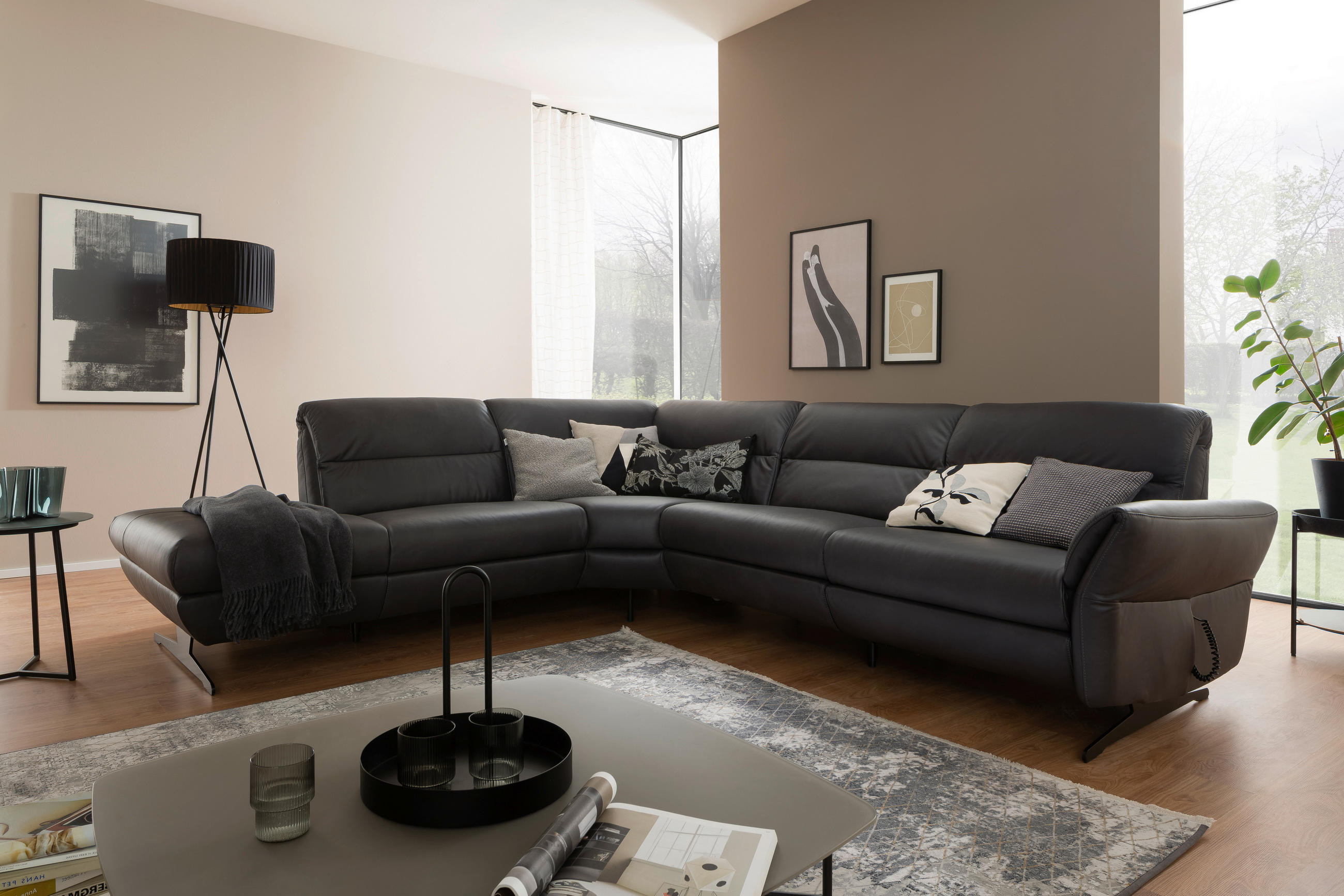 ECKSOFA Anthrazit Echtleder  - Anthrazit/Schwarz, Design, Leder/Metall (258/286cm) - Schöner Wohnen