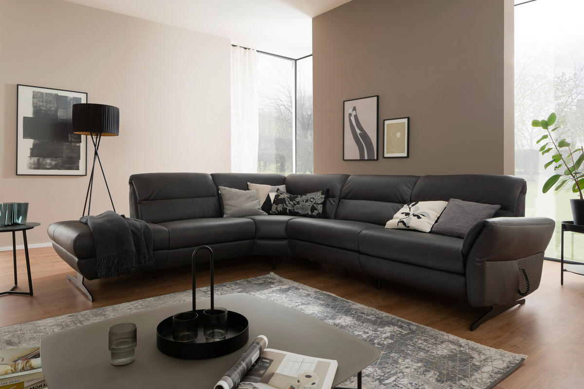 ECKSOFA Anthrazit Echtleder  - Anthrazit/Schwarz, Design, Leder/Metall (258/286cm) - Schöner Wohnen