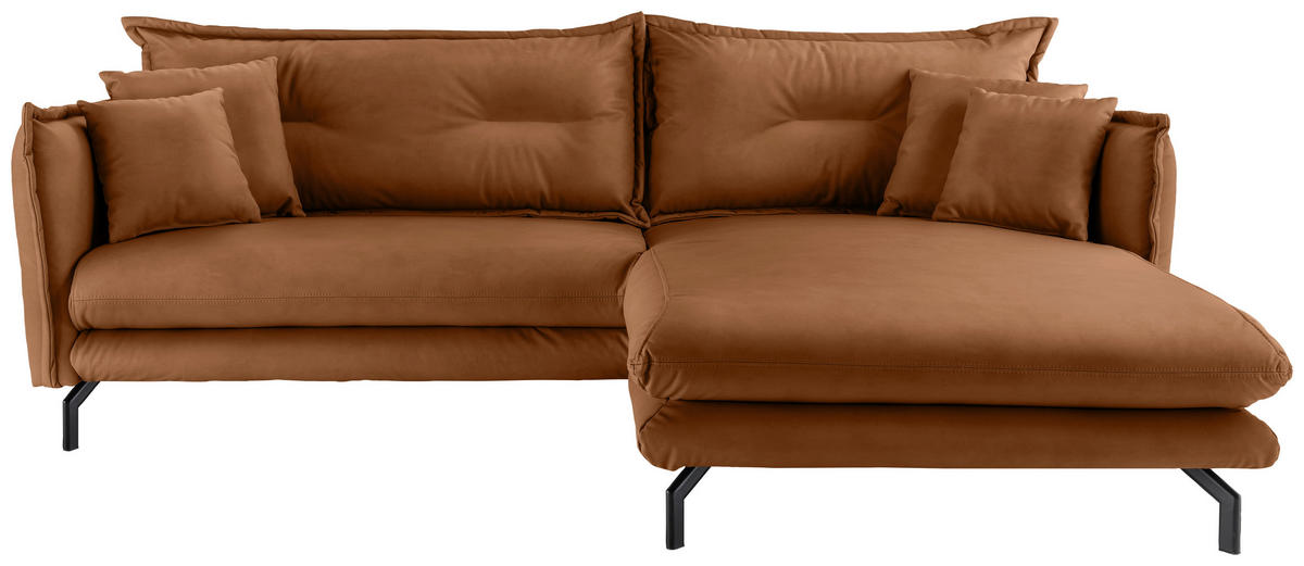 ECKSOFA Cognac Lederlook  - Cognac/Schwarz, MODERN, Textil/Metall (255/180cm) - Livetastic