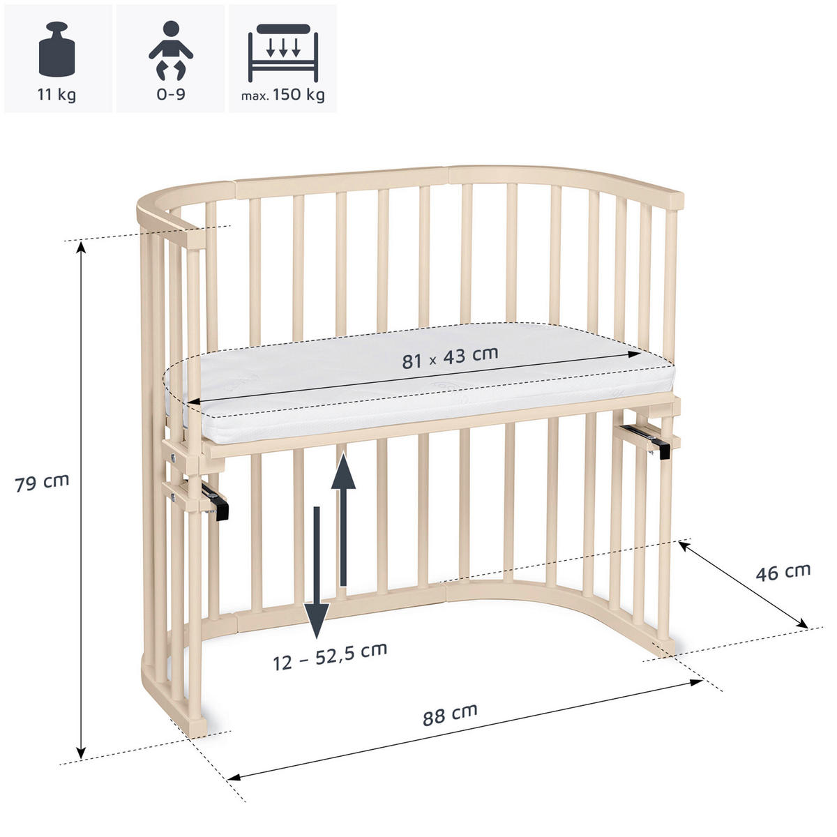 BEISTELLBETT 87/46/79 cm  - Beige, Basics, Holz (87/46/79cm) - Babybay