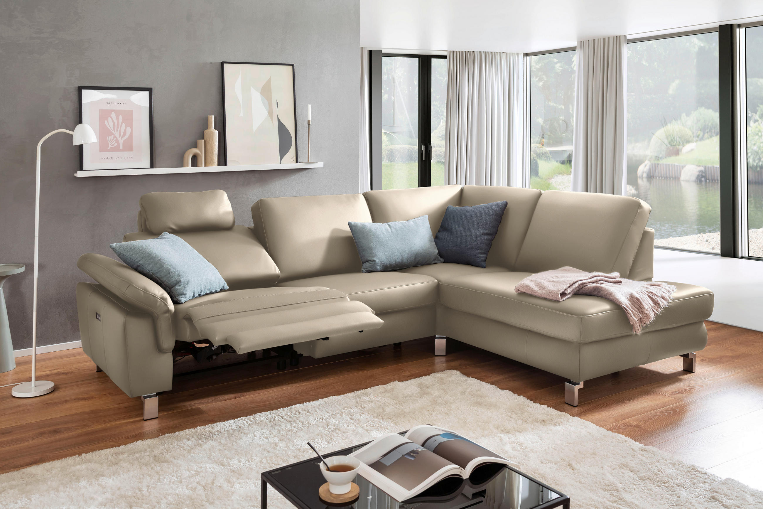 ECKSOFA in Echtleder Hellbraun  - Chromfarben/Hellbraun, Design, Leder/Metall (271/200cm) - Pure Home Lifestyle