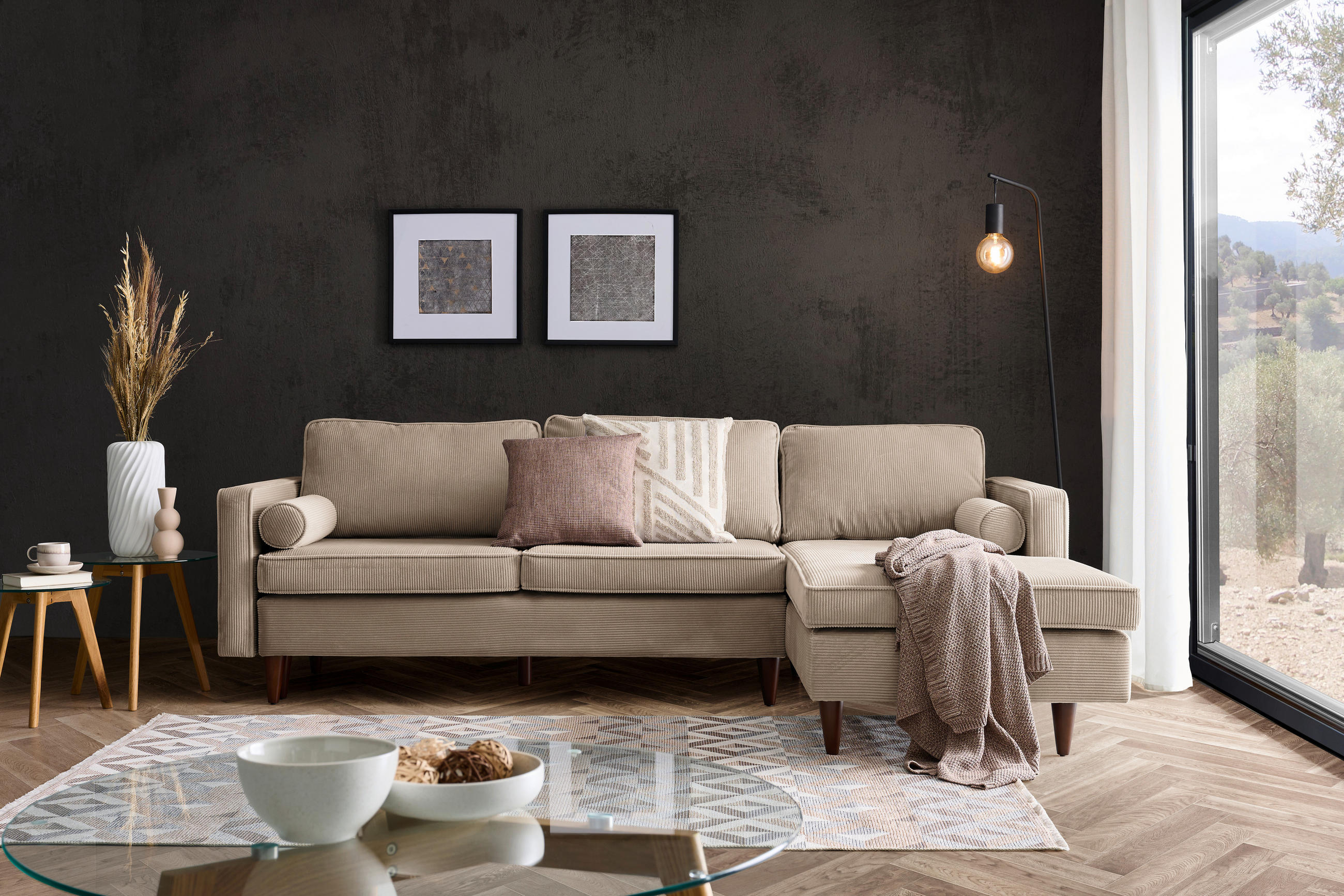 ECKSOFA Hellbraun Cord  - Hellbraun/Eichefarben, MODERN, Holz/Textil (261/178cm) - Livetastic