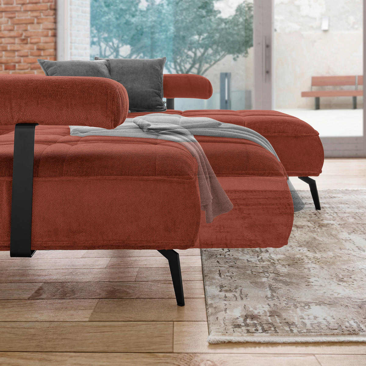 ECKSOFA Terracotta Webstoff  - Terracotta/Schwarz, Design, Textil/Metall (266/180cm) - Welnova