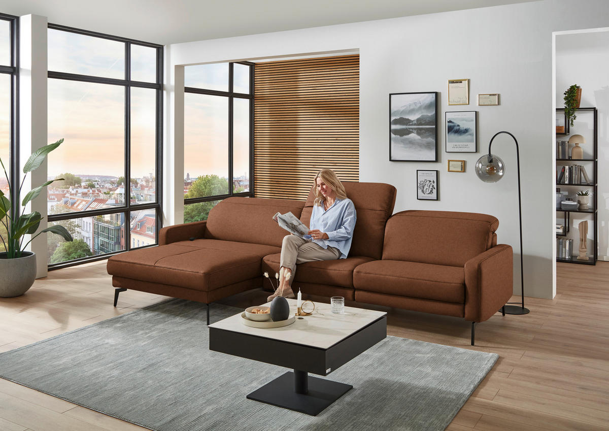 ECKSOFA  Echtleder Cognac  - Cognac/Schwarz, Design, Leder/Metall (179/323cm) - Dieter Knoll