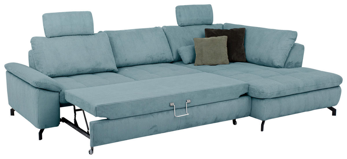 ECKSOFA in Cord, Velours Hellblau  - Schwarz/Hellblau, Design, Textil/Metall (291/197cm) - Beldomo Style