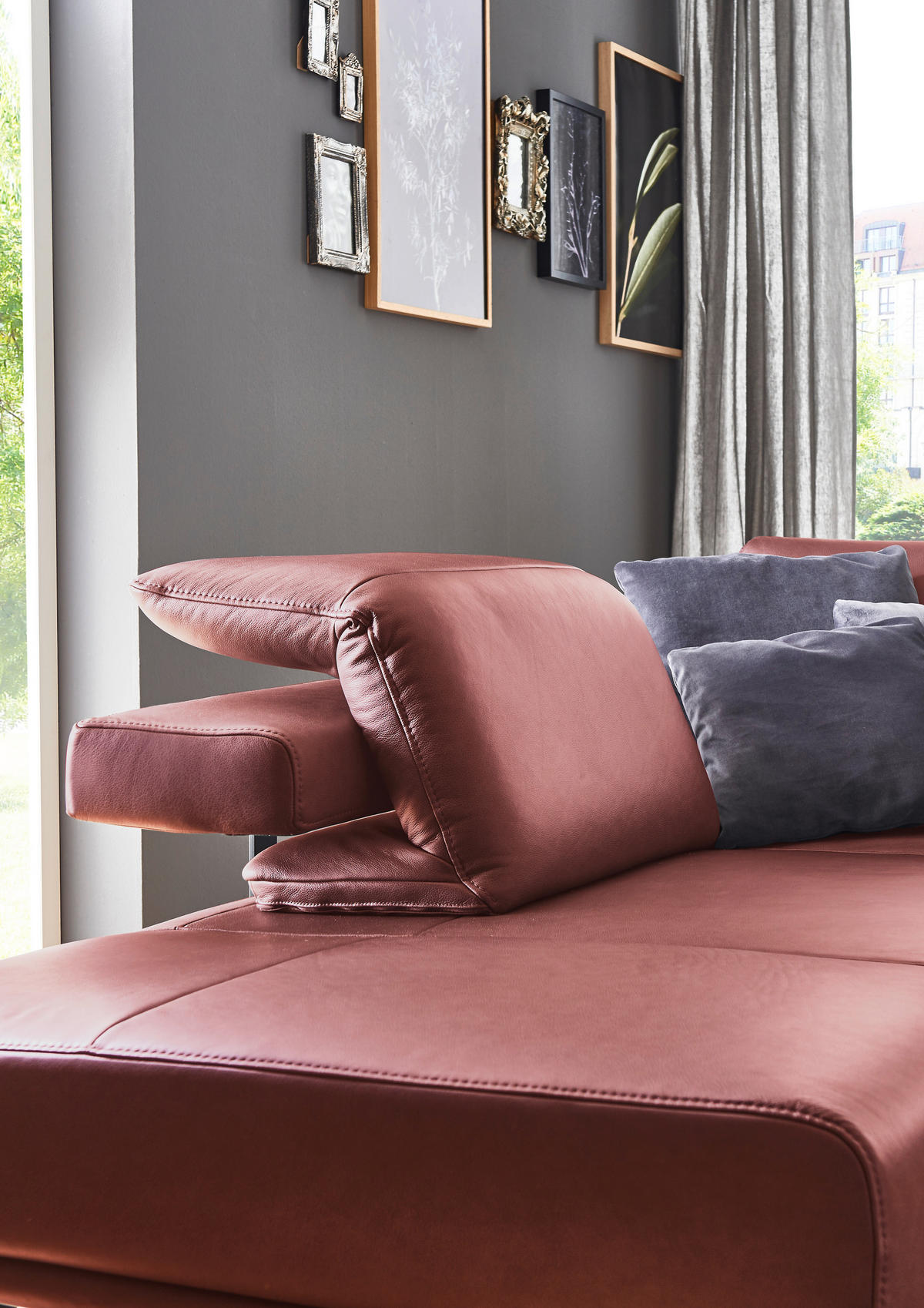 ECKSOFA in Echtleder Weinrot  - Anthrazit/Weinrot, Design, Leder/Metall (255/325cm) - Dieter Knoll