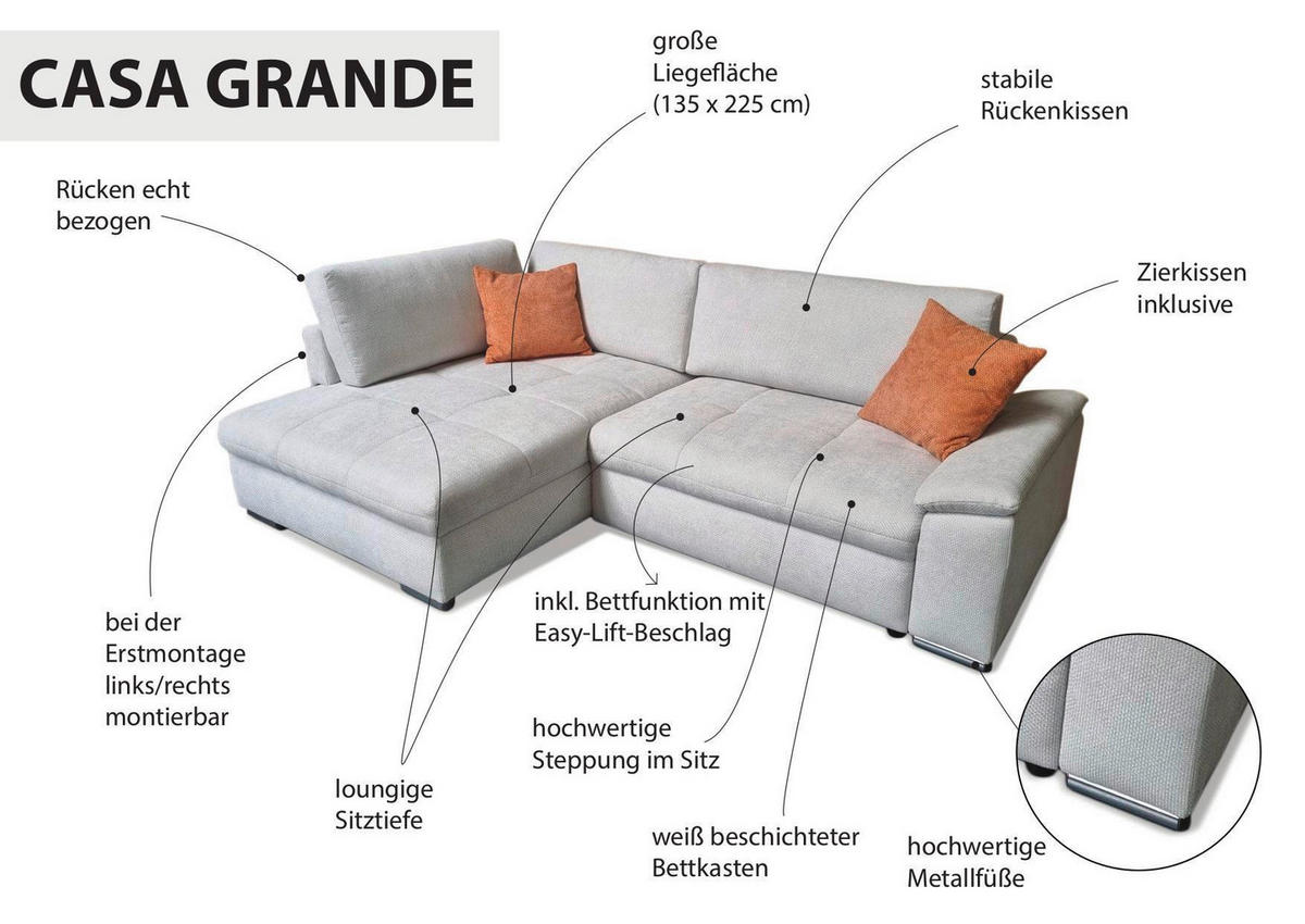 ECKSOFA in Struktur, Chenille Grau  - Silberfarben/Hellgrau, Design, Textil/Metall (178/268cm) - Livetastic