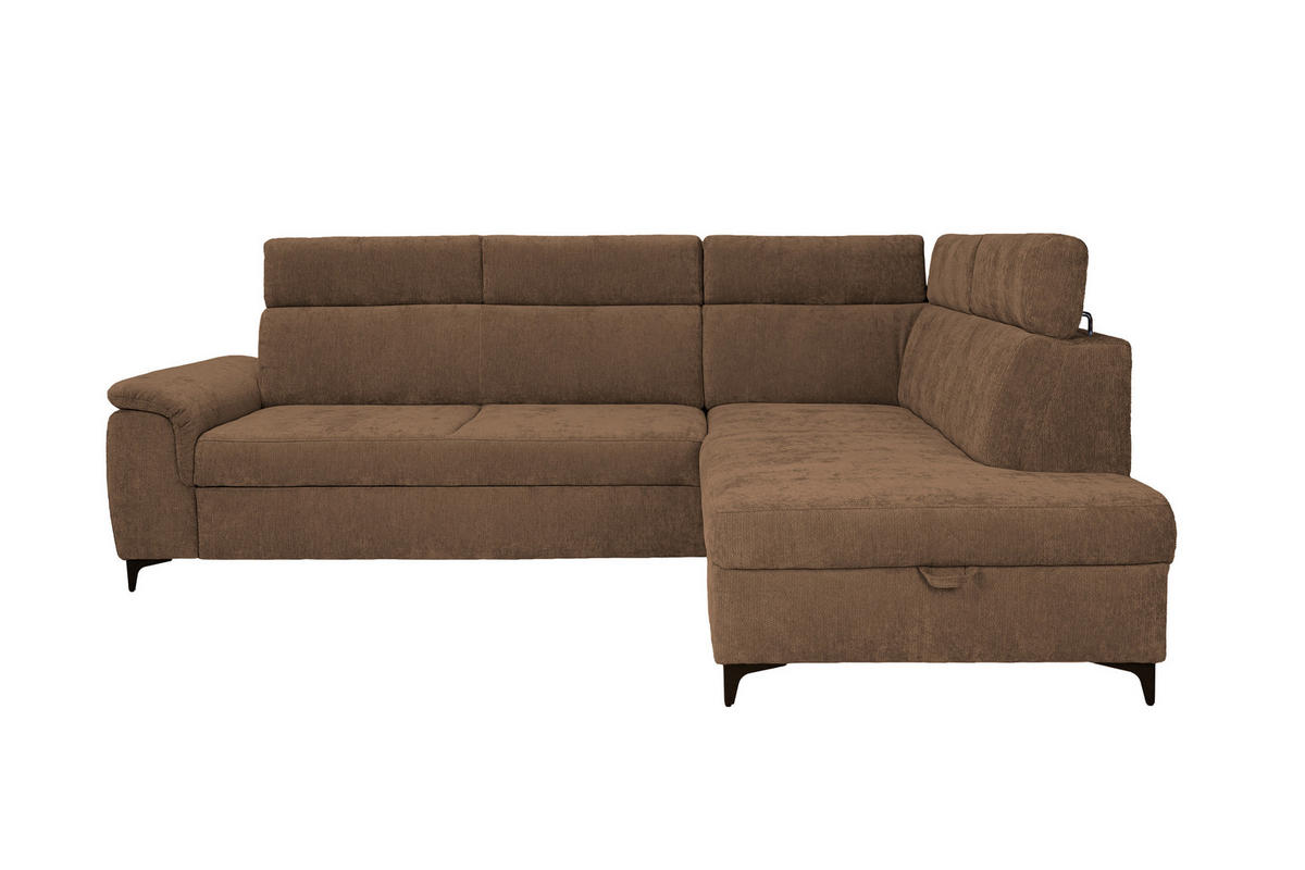 ECKSOFA Braun Chenille Bettkasten, Schlaffunktion, Rücken echt, Kopfteilverstellung, Liegefläche im Originalstoff  - Schwarz/Braun, KONVENTIONELL, Textil/Metall (265/206cm) - Carryhome