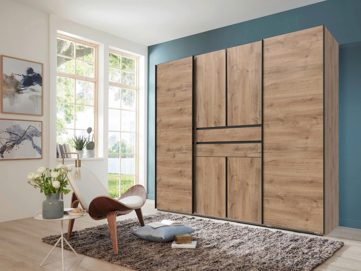 KLEIDERSCHRANK 250/216/65 cm,  in Plankeneiche, 6-türig  - Plankeneiche/Schwarz, Design, Holzwerkstoff/Metall (250/216/65cm) - Stylife