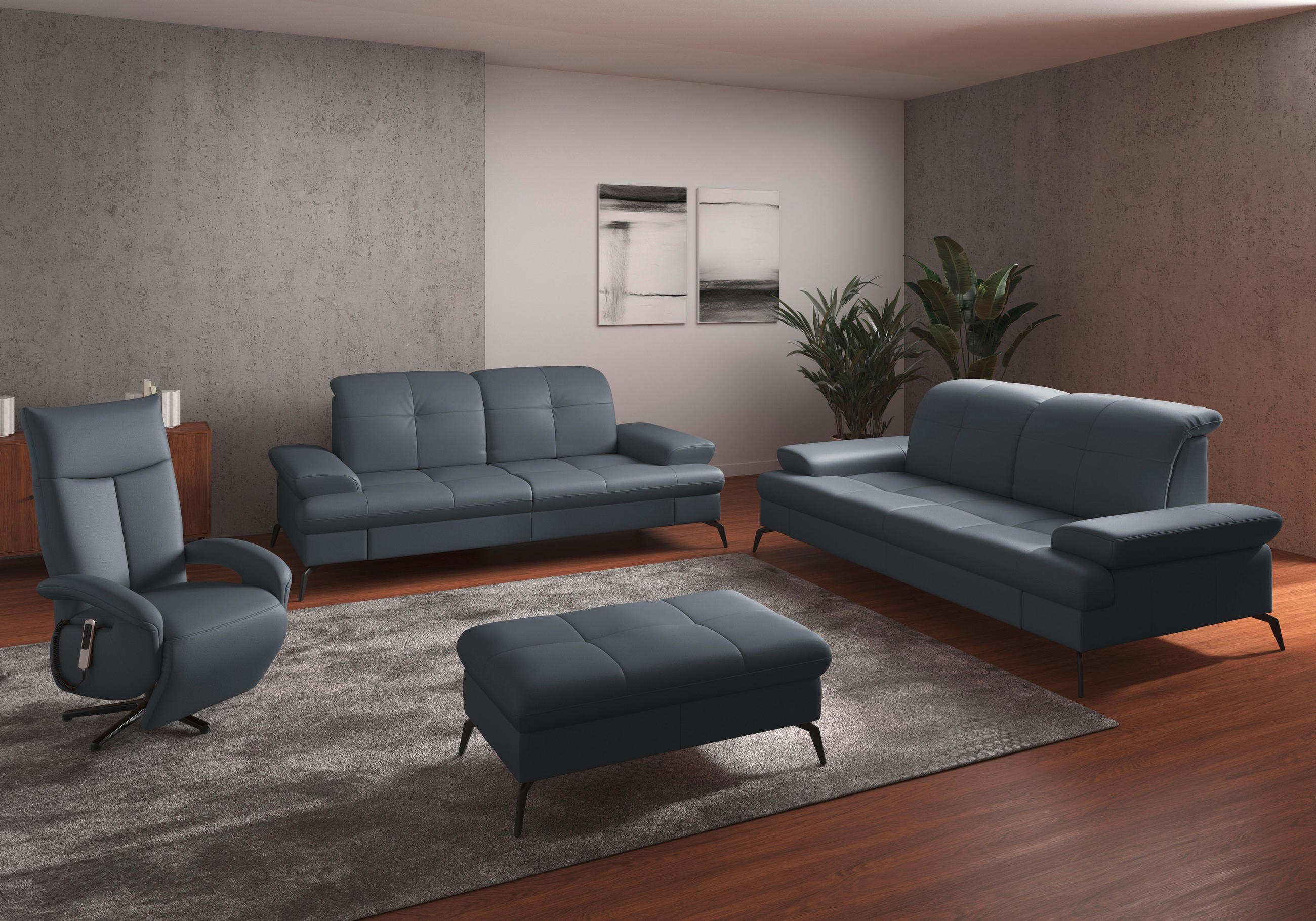 Thumbnail - Sit & More 3-Sitzer-Sofa, Graublau, Leder, Echtleder, Nappaleder, 212x90x122 cm, Goldenes M, Made in Europe, DGM-Klimapa...