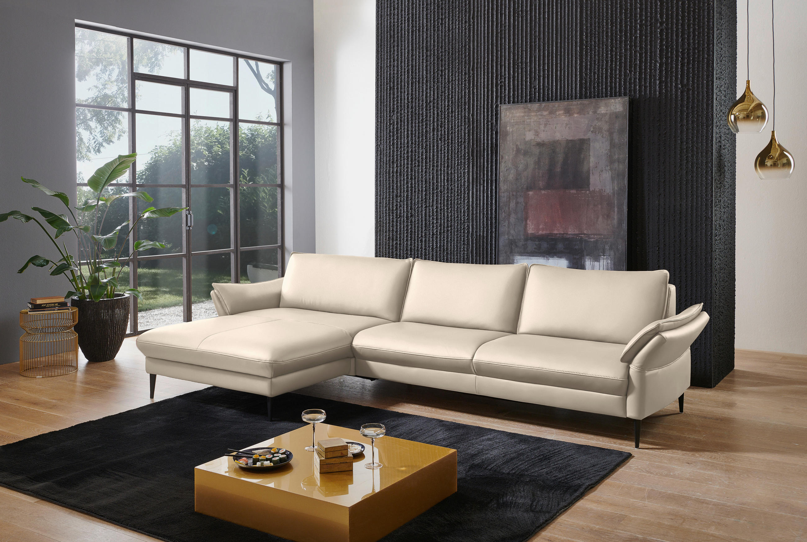ECKSOFA in Echtleder Ecru  172/334 cm  - Ecru/Schwarz, Design, Leder/Metall (172/334cm) - Valdera