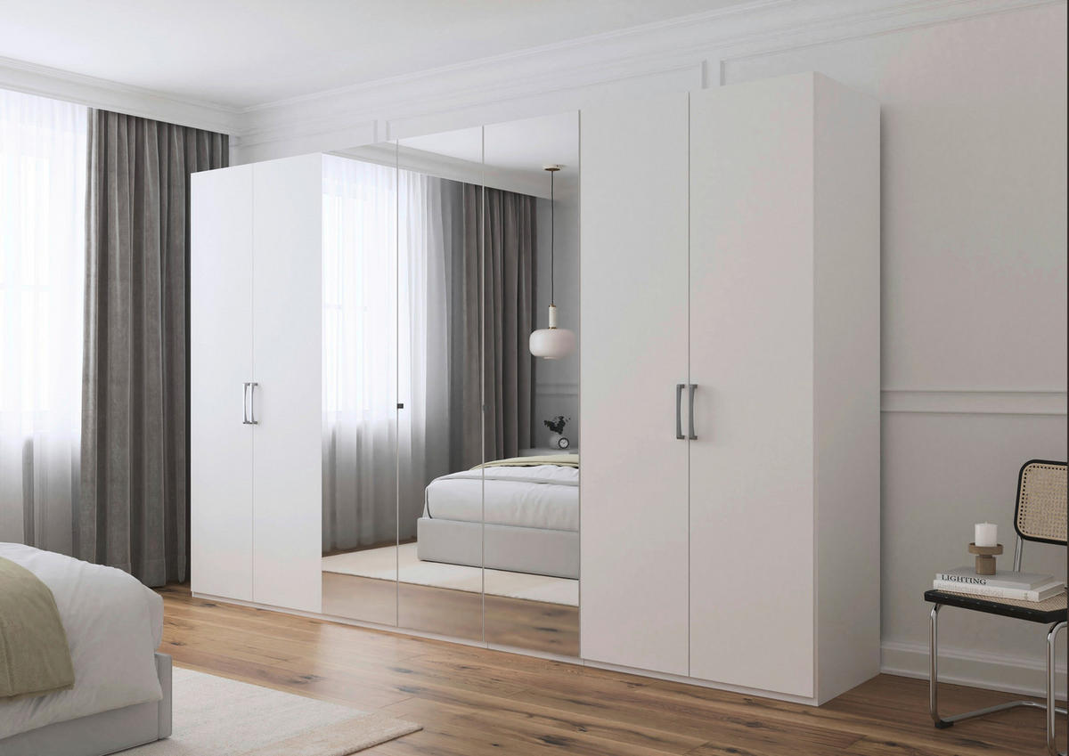 DREHTÜRENSCHRANK 350/235/61 cm,  in Weiß, 7-türig  - Chromfarben/Edelstahlfarben, Basics, Glas/Holzwerkstoff (350/235/61cm) - Novel