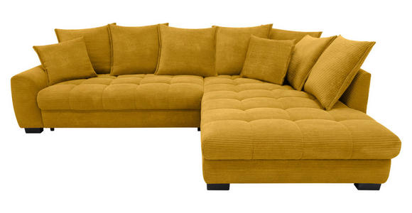 ECKSOFA Currygelb Cord Rückenkissen, Armlehnenkissen, Bettkasten, Schlaffunktion, Rücken echt, Liegefläche im Originalstoff  - Currygelb/Schwarz, KONVENTIONELL, Kunststoff/Textil (304/212cm) - Carryhome