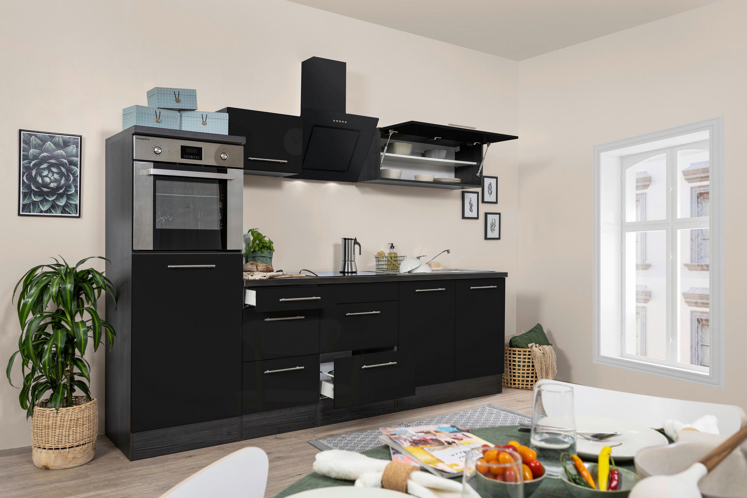 KÜCHENBLOCK 270 cm   in Schwarz, Eichefarben  - Edelstahlfarben/Eichefarben, Basics, Holzwerkstoff/Metall (270cm) - Respekta
