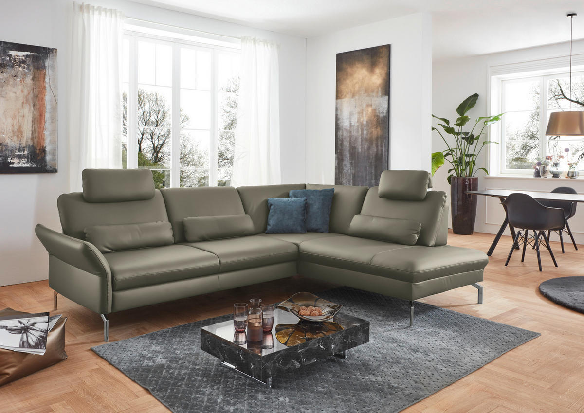 ECKSOFA in Echtleder Hellgrau  - Hellgrau/Alufarben, Konventionell, Leder/Metall (284/220cm) - Beldomo Premium