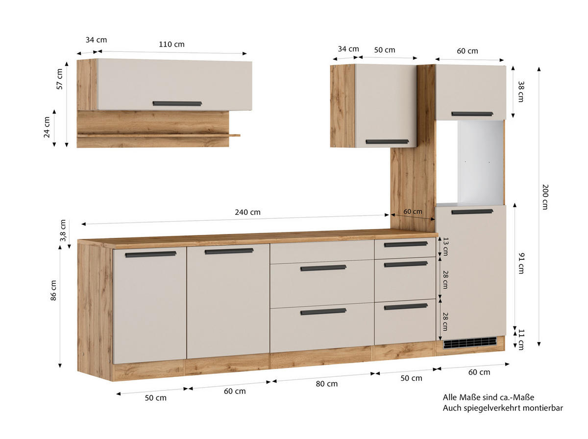 KÜCHENLEERBLOCK Aveiro 300 cm  in Kaschmir, Eiche Wotan  - Kaschmir/Eiche Wotan, Trend, Holzwerkstoff/Metall (300cm) - Held
