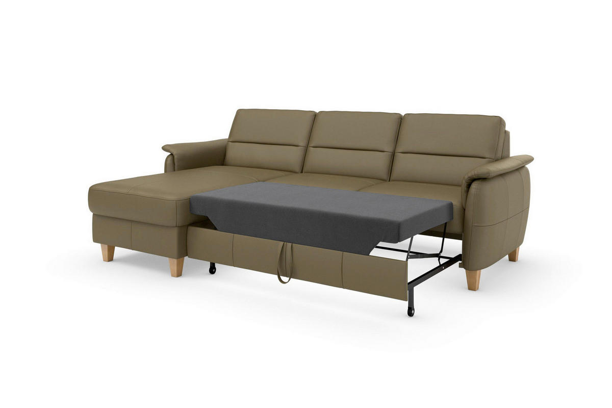 ECKSOFA PALMERA E Olivgrün Kombination Echtleder/Stoff Mikrofaser Bettkasten  - Eichefarben/Olivgrün, Basics, Leder/Holz (163/244cm) - Sit & More