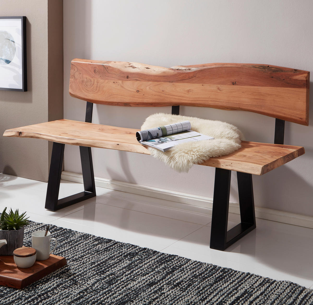 SITZBANK in Holz Akaziefarben  - Schwarz/Akaziefarben, Design, Holz/Metall (180/86/60cm) - MID.YOU