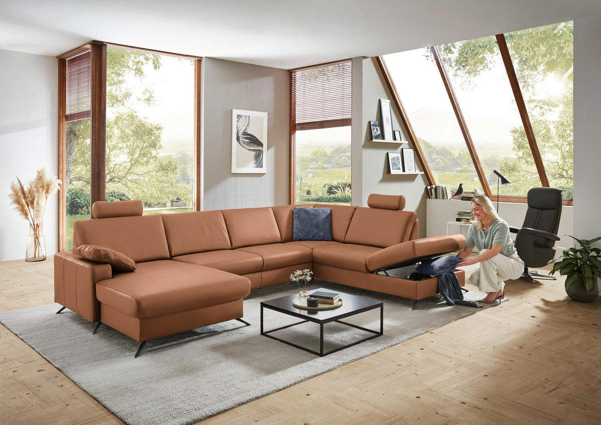 WOHNLANDSCHAFT in Echtleder Beigebraun  - Beigebraun/Schwarz, Design, Leder/Metall (165/339/233cm) - Beldomo Premium