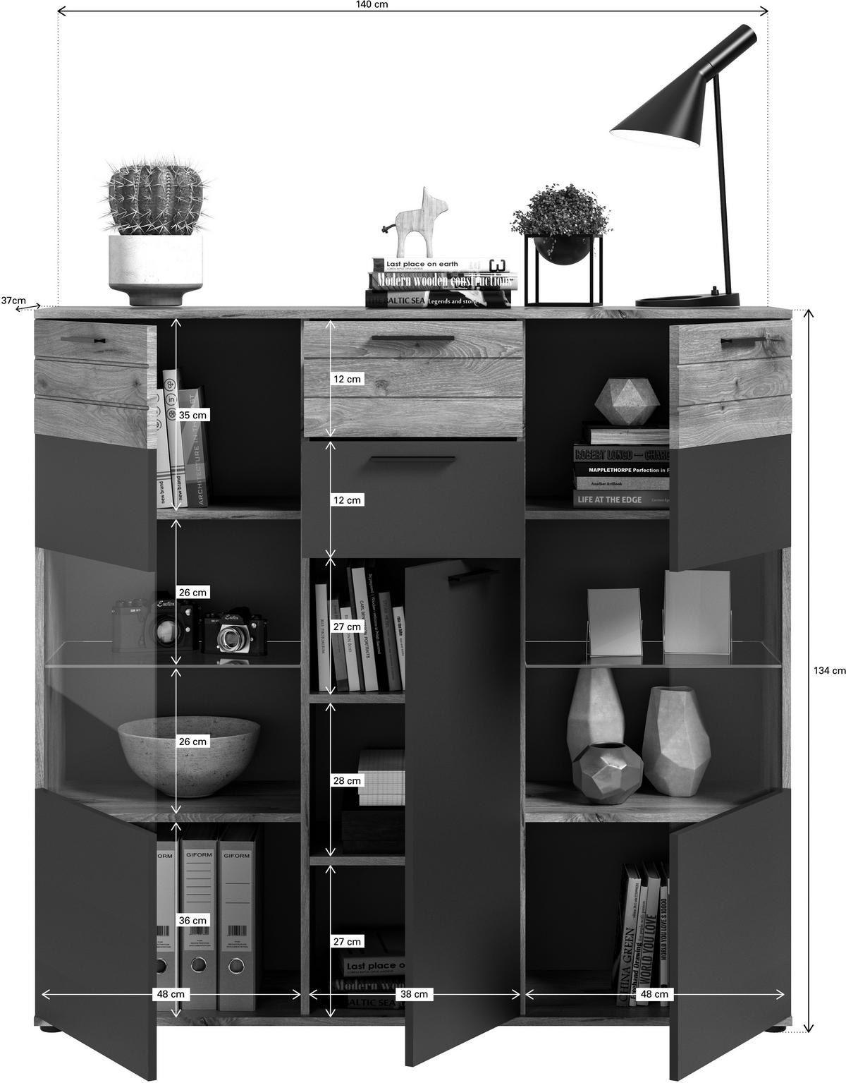 HIGHBOARD  in 140/134/37 cm  - Schwarz/Grau, KONVENTIONELL, Glas/Holzwerkstoff (140/134/37cm) - MID.YOU