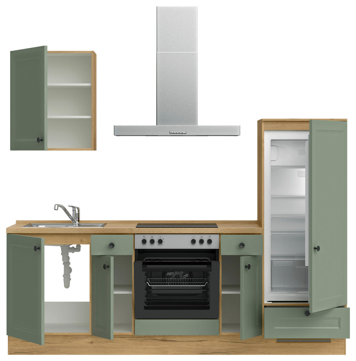 KÜCHENBLOCK Cascada 240 cm  in Grün, Eichefarben  - Eichefarben/Schwarz, MODERN, Holzwerkstoff/Metall (240cm) - Nobilia