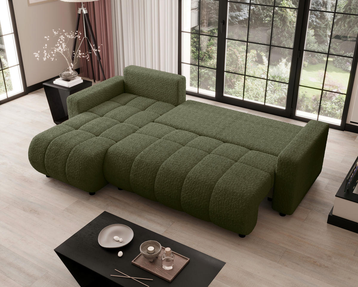 ECKSOFA Grün Bouclé Zierkissen, Rückenkissen, Bettkasten, Schlaffunktion, Rücken echt, Liegefläche im Originalstoff  - Schwarz/Grün, MODERN, Kunststoff/Textil (150/240cm) - Carryhome