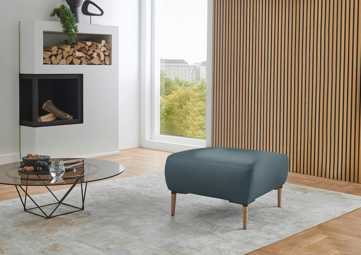 HOCKER in Leder Blaugrau  - Beige/Blaugrau, Natur, Leder/Holz (65/46/55cm) - Valnatura