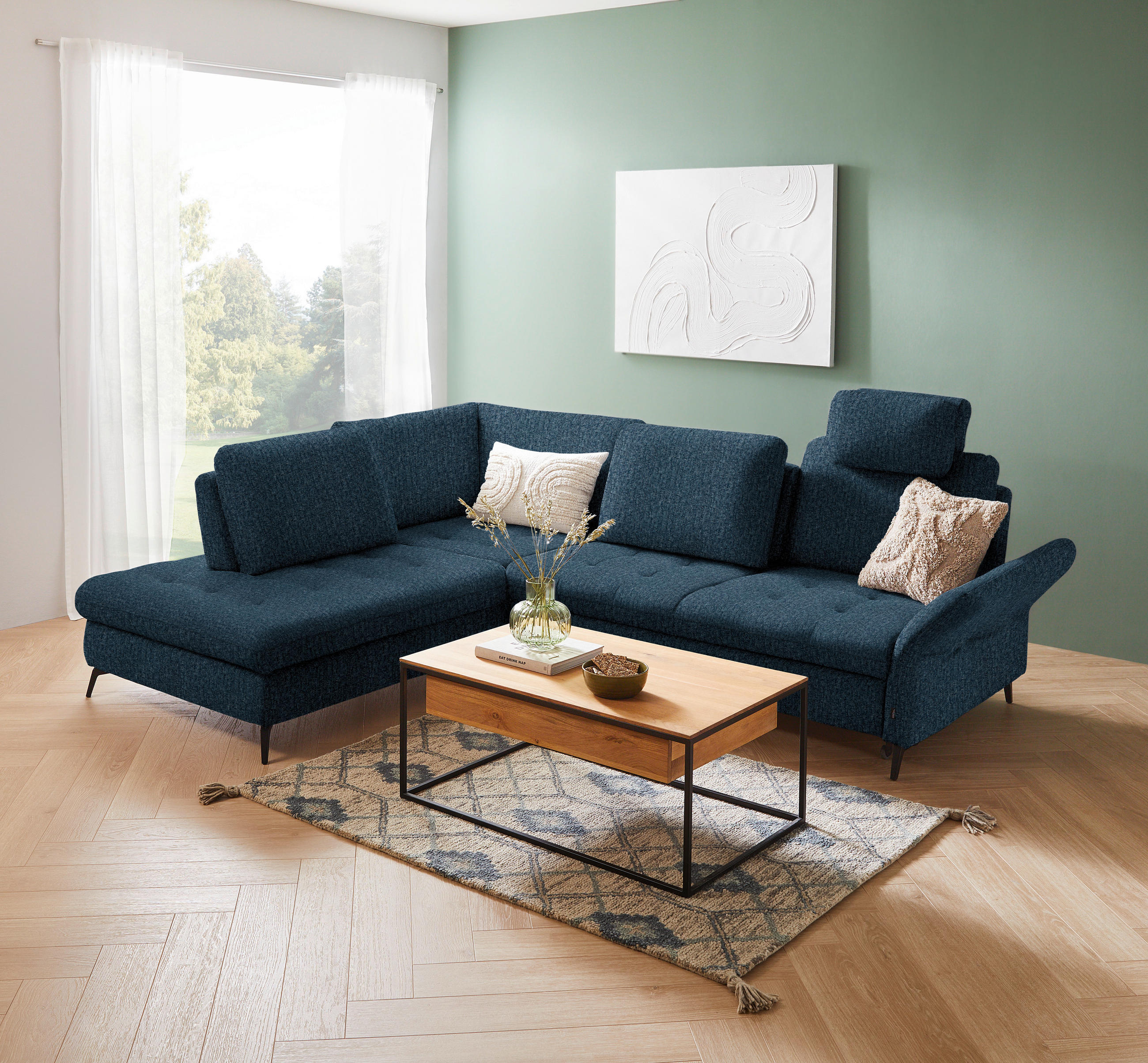 ECKSOFA in Struktur Blau  - Blau/Schwarz, Natur, Textil/Metall (233/288cm) - Valnatura