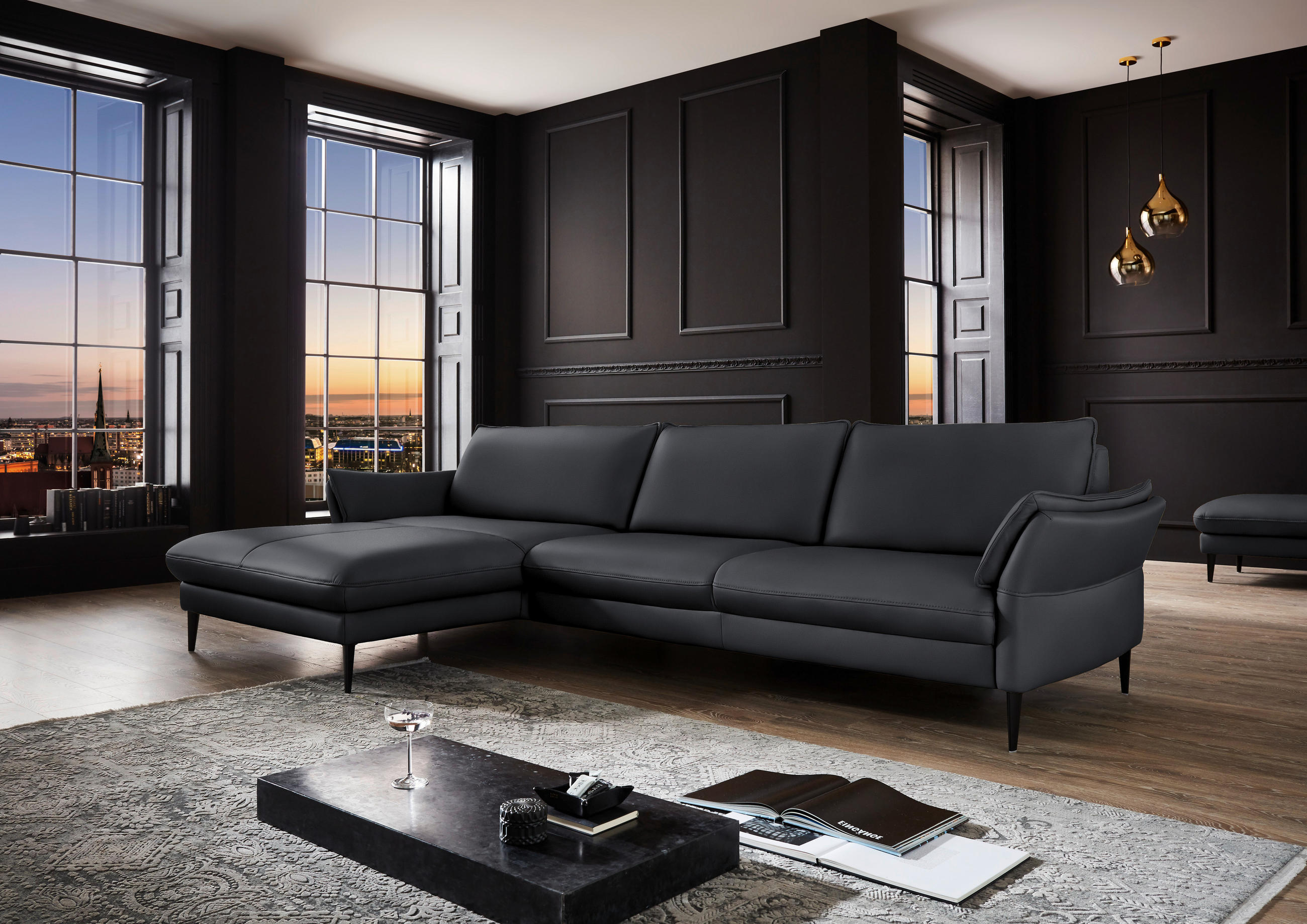 ECKSOFA in Echtleder Anthrazit  172/334 cm  - Anthrazit/Schwarz, Design, Leder/Metall (172/334cm) - Hukla