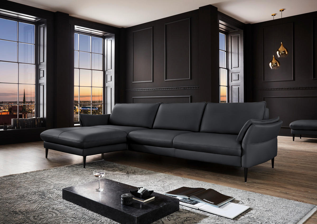 ECKSOFA in Echtleder Anthrazit  - Anthrazit/Schwarz, Design, Leder/Metall (172/334cm) - Hukla