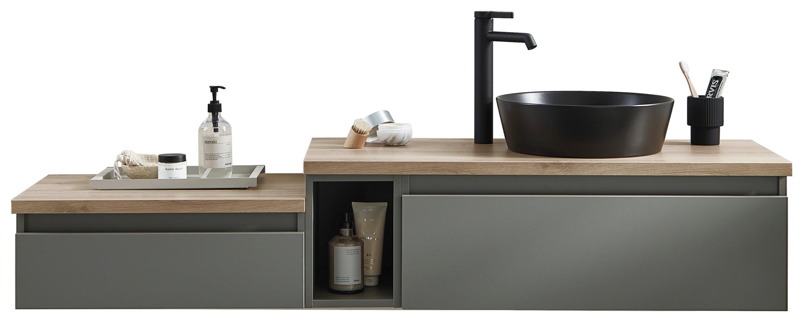 WASCHTISCHKOMBI 160 cm  - Dunkelgrün/Eichefarben, Keramik/Holzwerkstoff (160cm) - Novel