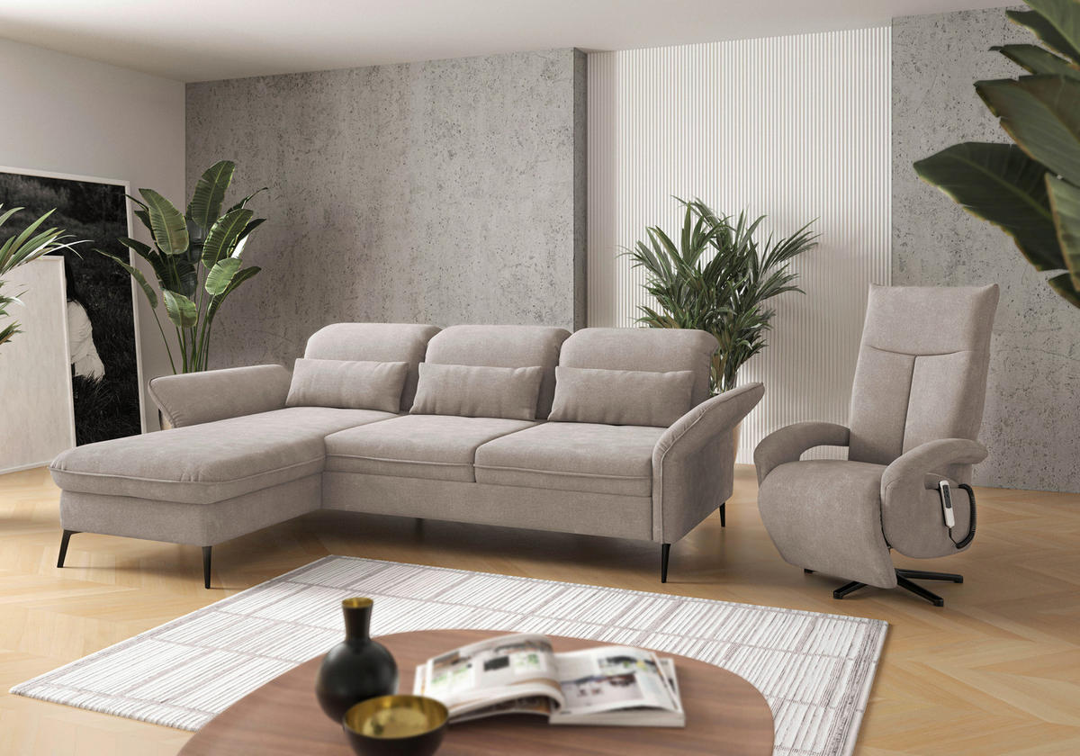 ECKSOFA in Flachgewebe Greige  - Greige/Schwarz, Konventionell, Textil/Metall (198/264cm) - Sit & More