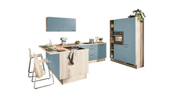 ECKKÜCHE  in Hellbraun, Pastellblau  - Hellbraun/Pastellblau, Design, Holzwerkstoff/Metall (192/280/150cm) - Xora