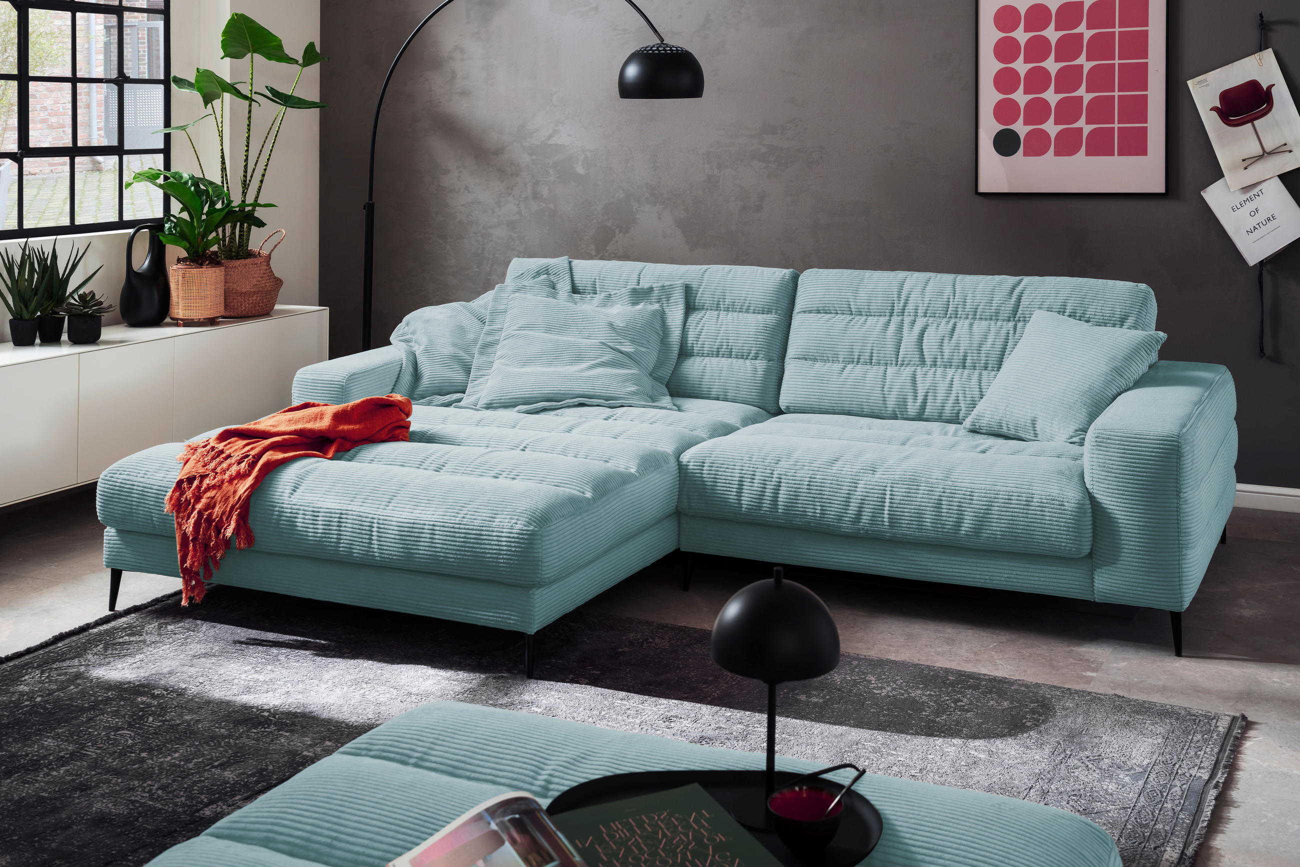 ECKSOFA Badia Hellblau Cord  - Schwarz/Hellblau, Design, Textil/Metall (207/296cm) - Dieter Knoll