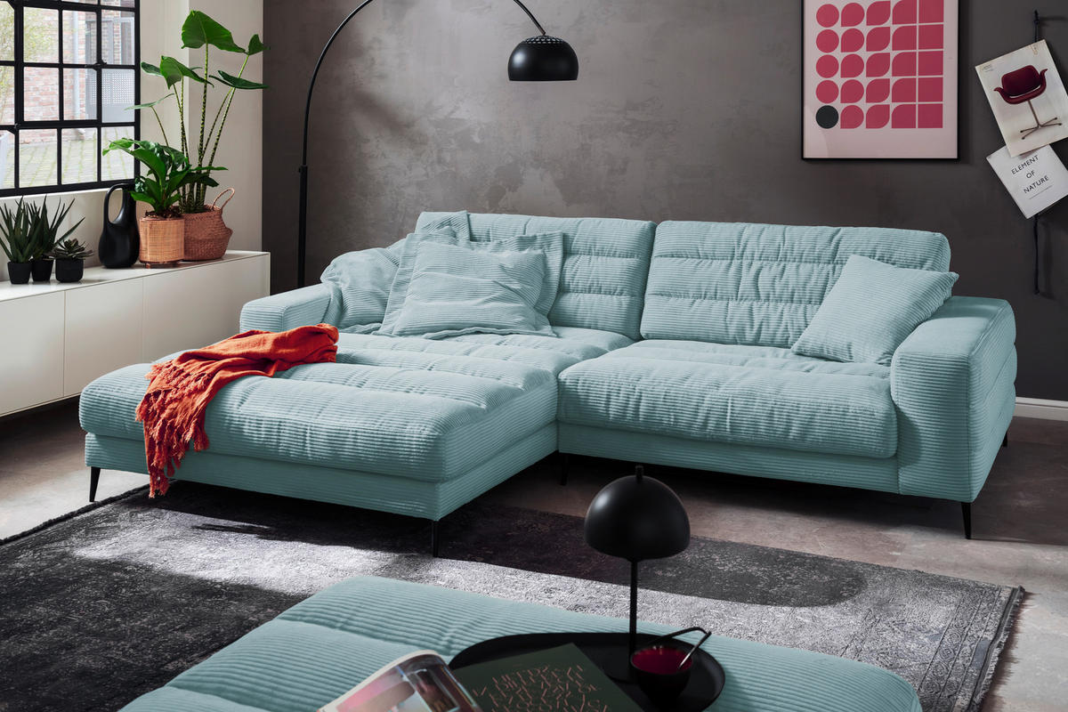 ECKSOFA Ottomane links  Badia Hellblau Cord  - Schwarz/Hellblau, Design, Textil/Metall (207/296cm) - Dieter Knoll