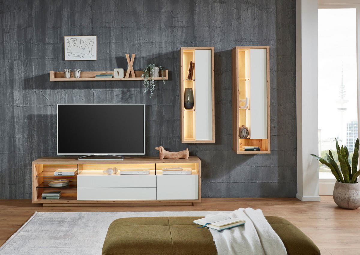 WOHNWAND  in Weiss, Eiche Artisan 300/183,6/42 cm  - Weiss/Eiche Artisan, Design, Glas/Holzwerkstoff (300/183,6/42cm) - Stylife