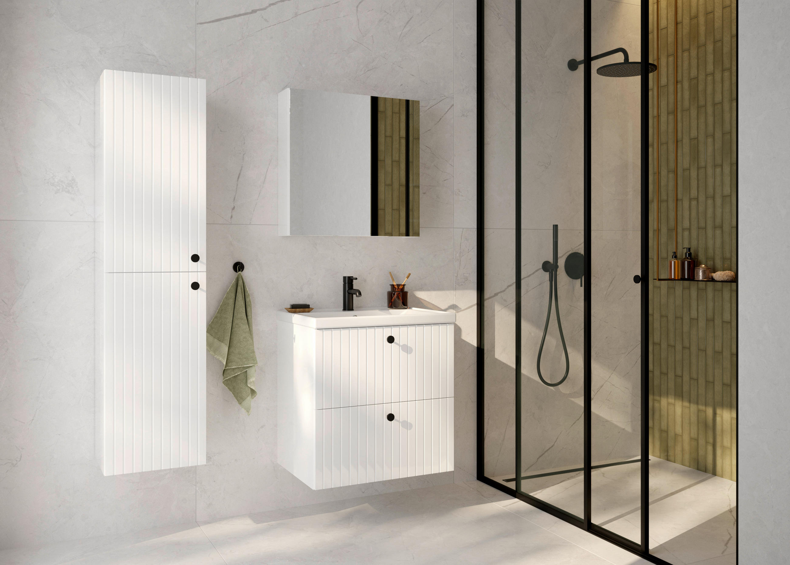 DULAP CU OGLINDĂ 60/60/15 cm  - alb lucios intens, Modern, sticlă/material pe bază de lemn (60/60/15cm) - MID.YOU
