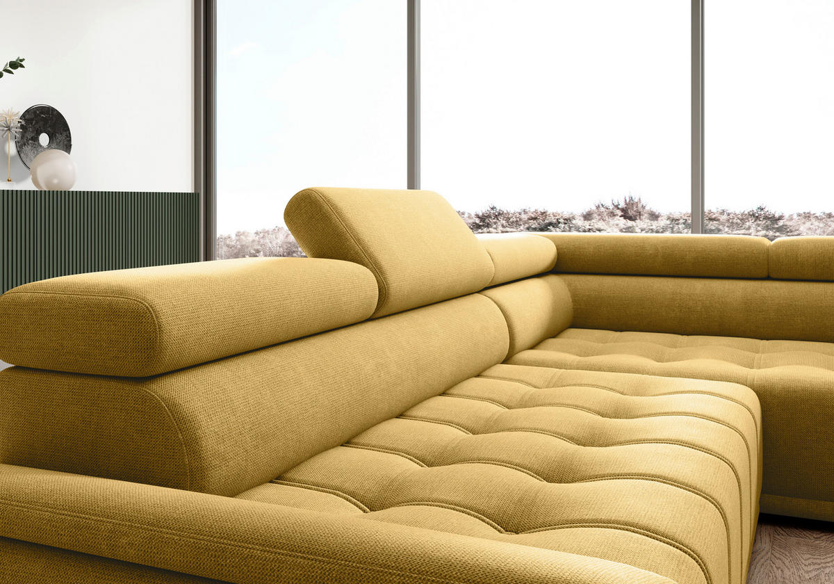 HÖRNSOFFA i chenille, vävt tyg senapsgul  - svart/senapsgul, Modern, textil/plast (283/106cm) - MID.YOU