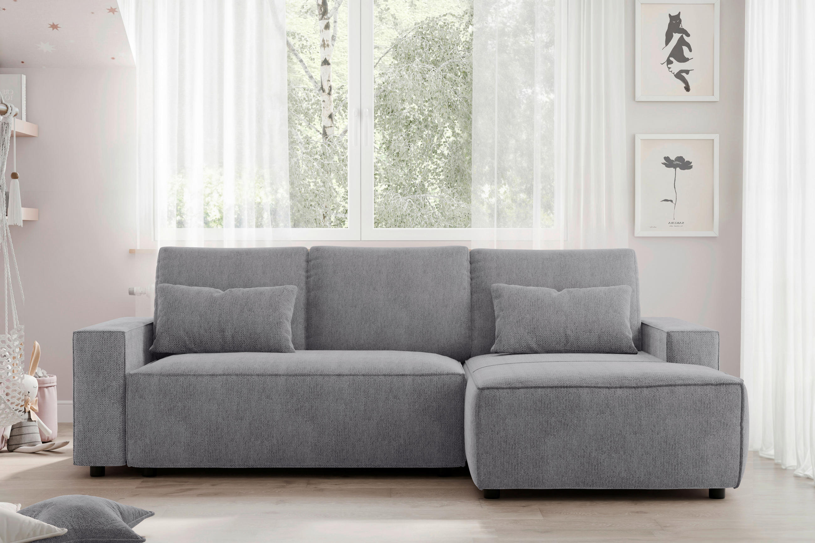 ECKSCHLAFSOFA  mit seitenverkehrt erhältlich, Rücken echt Chenille Graubraun  - Graubraun/Schwarz, MODERN, Kunststoff/Textil (247/154cm) - Livetastic