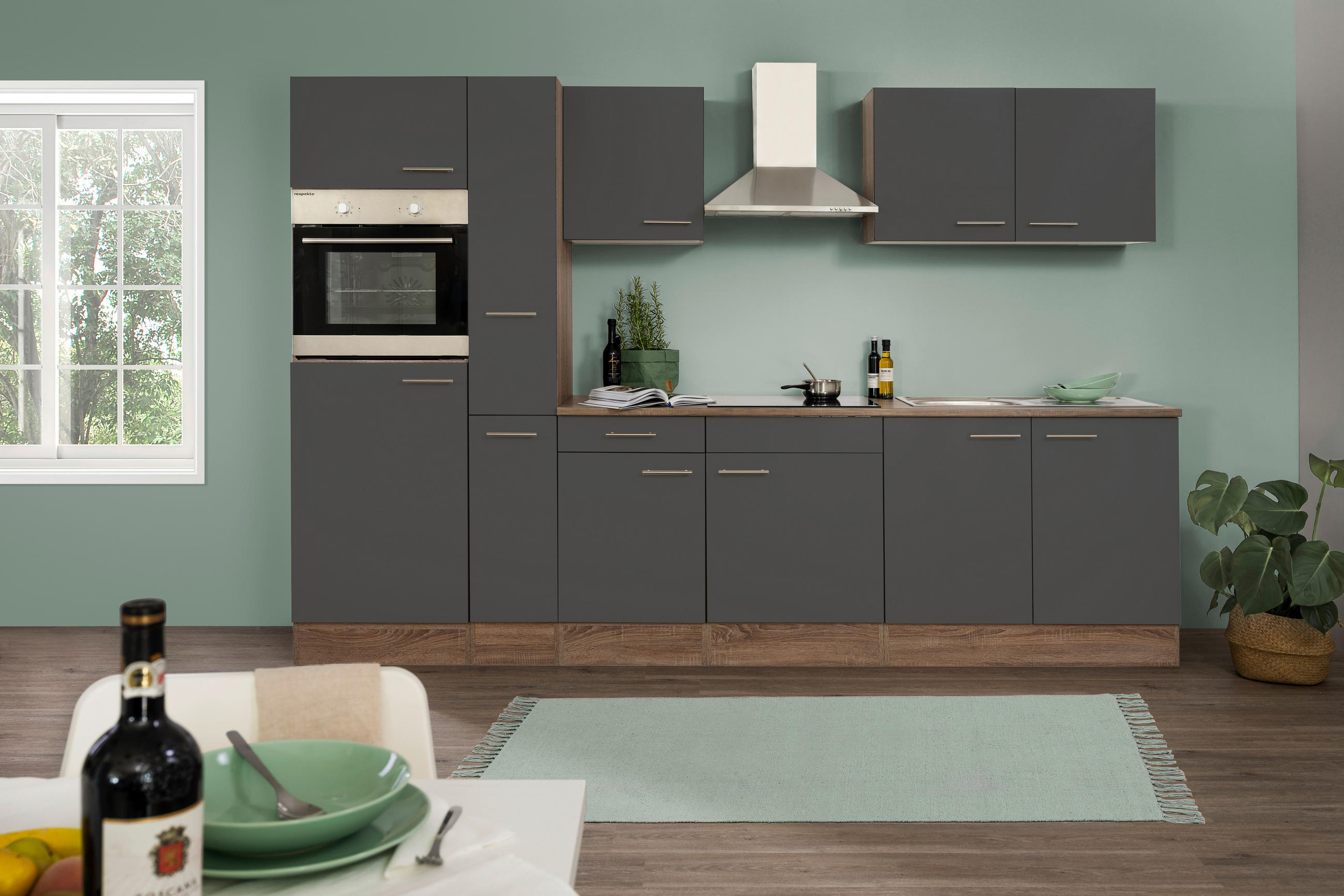 KÜCHENBLOCK 300 cm in Grau, Eichefarben - Edelstahlfarben/Eichefarben, Design, Holzwerkstoff/Metall (300cm) - Respekta