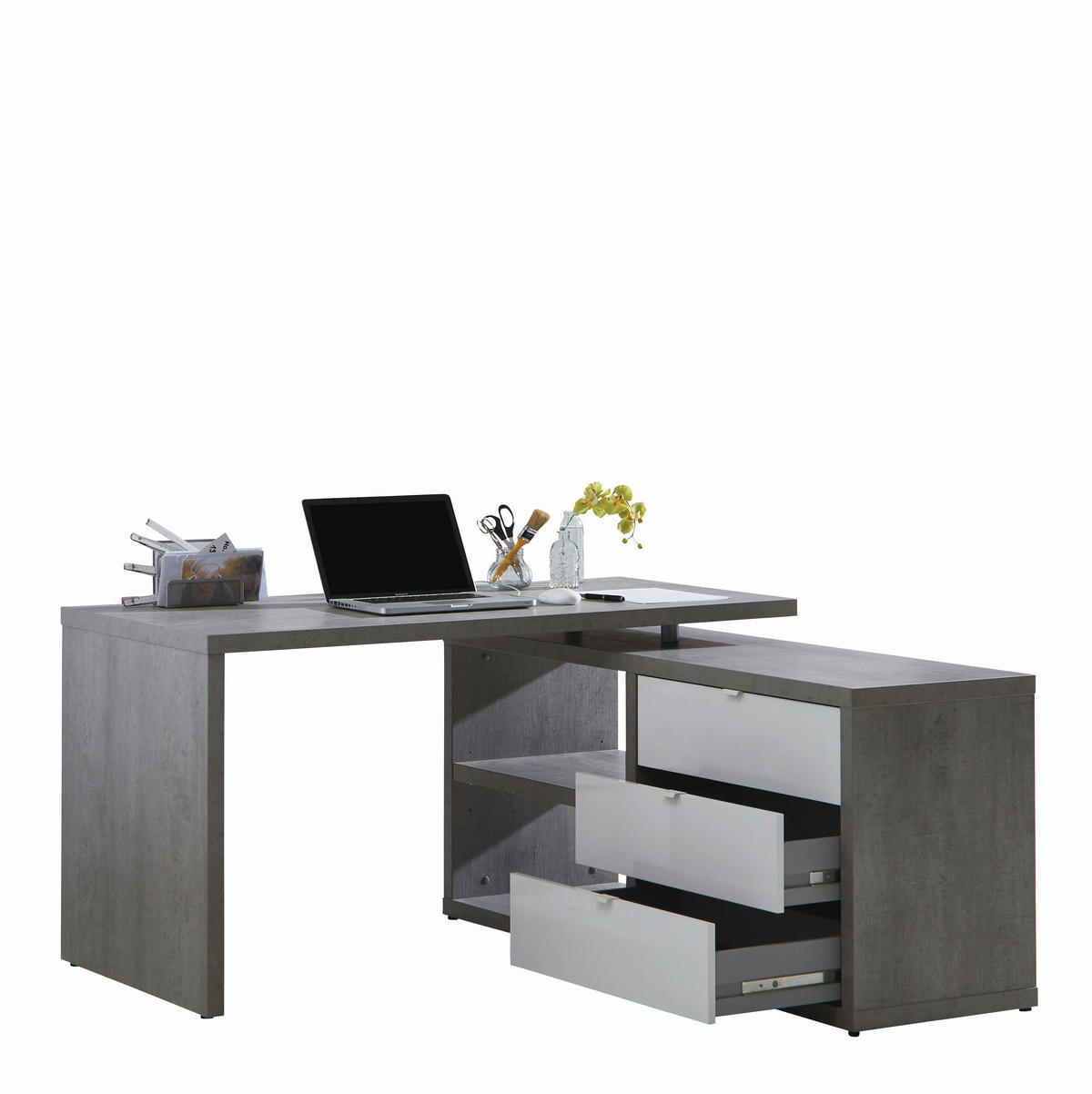 ECKSCHREIBTISCH 140/150/74 cm  in Grau, Weiß Hochglanz  - Weiß Hochglanz/Weiß, Design, Holzwerkstoff/Metall (140/150/74cm) - Carryhome